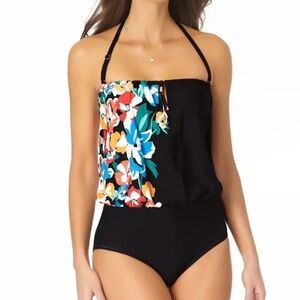 Anne Cole BLACK FLORAL Summer Bunches Blouson One-Piece Swimsuit